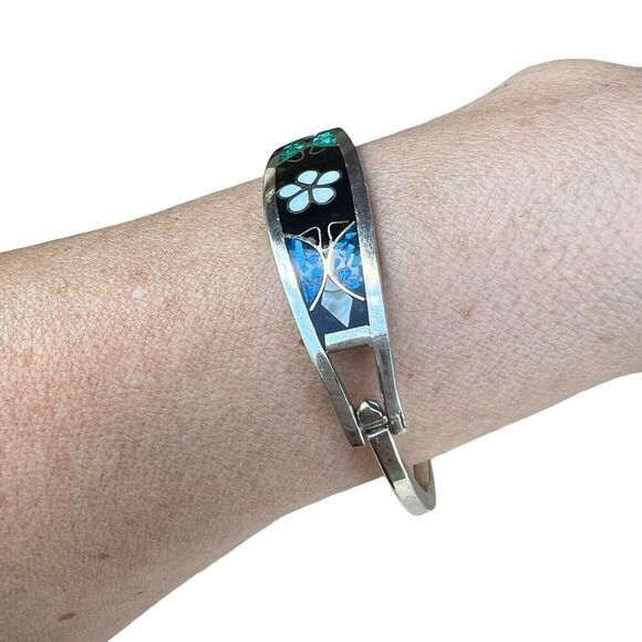 Vintage Alpaca Mexico Women's Bracelet Abalone Shell Floral Silver Tone Signed - Picture 6 of 16